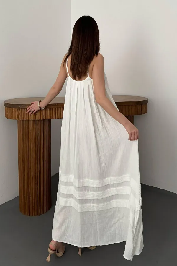 Toptan Ekru Askılı Müslin Elbise