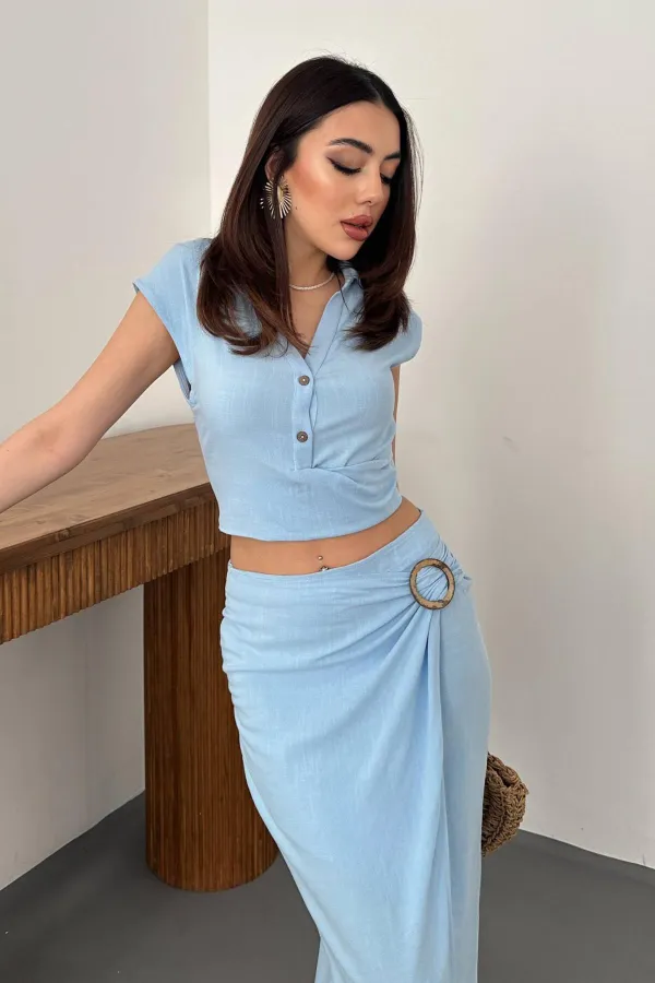 Toptan Bebe Mavi Keten Gömlek Ve Etek Takım