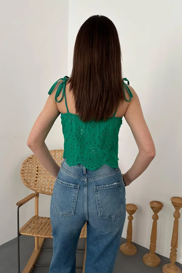 Toptan Yeşil Bağcıklı Brode Bluz