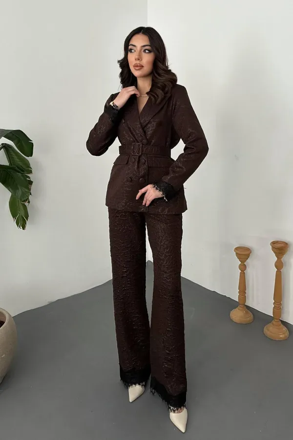 Toptan Kahverengi Kolları Dantelli Takım