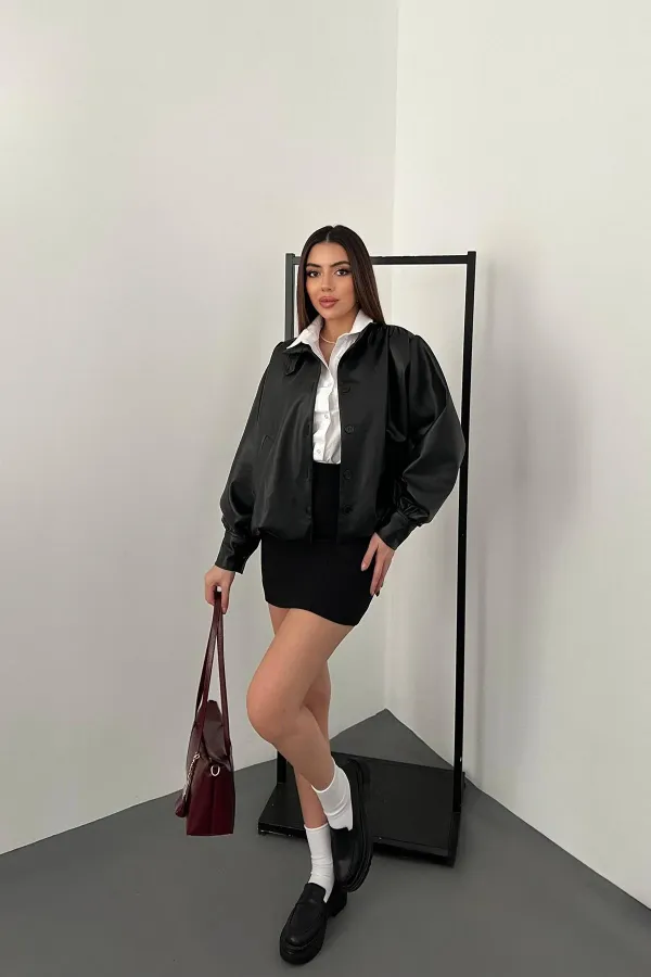 Toptan Siyah Düğmeli Deri Ceket