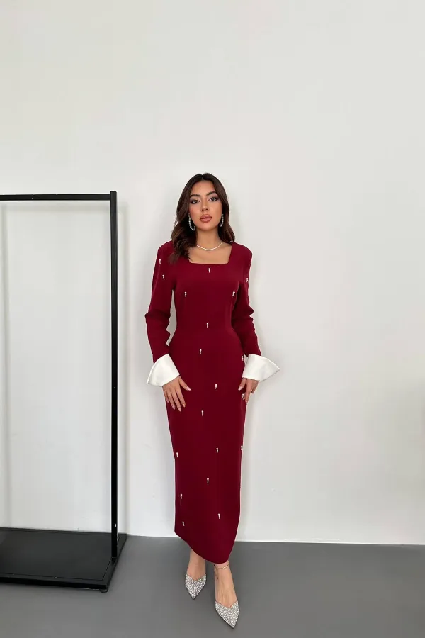 Toptan Bordo İşlemeli Atlas Elbise