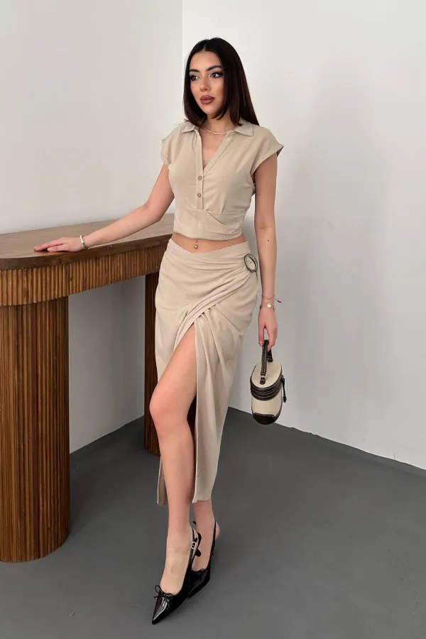 Toptan Vizon Keten Gömlek Ve Etek Takım