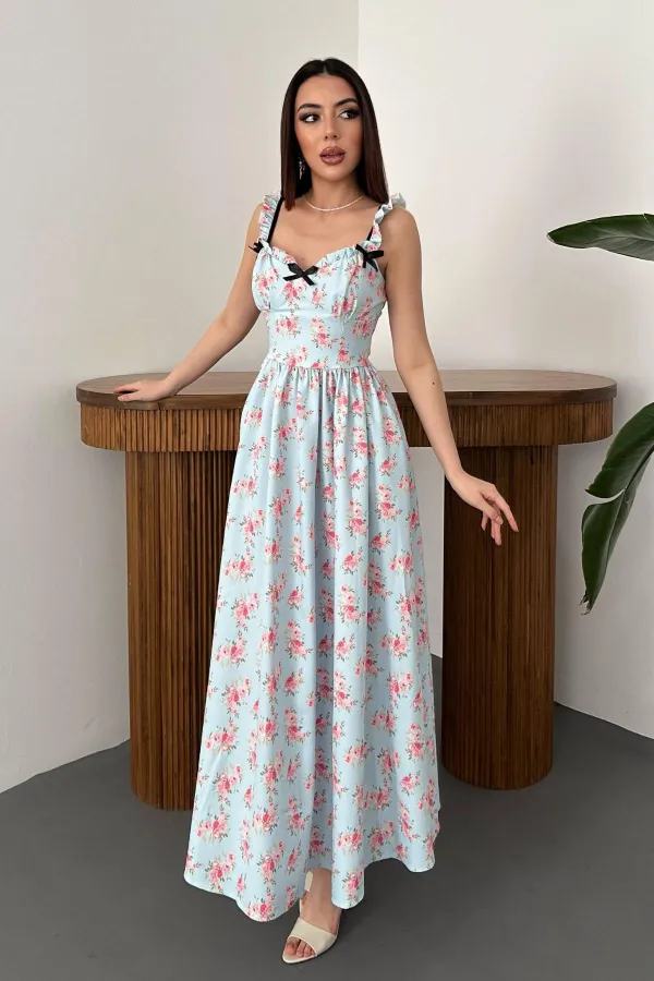 Toptan Bebe Mavi Önü Fiyonklu Çiçekli Elbise