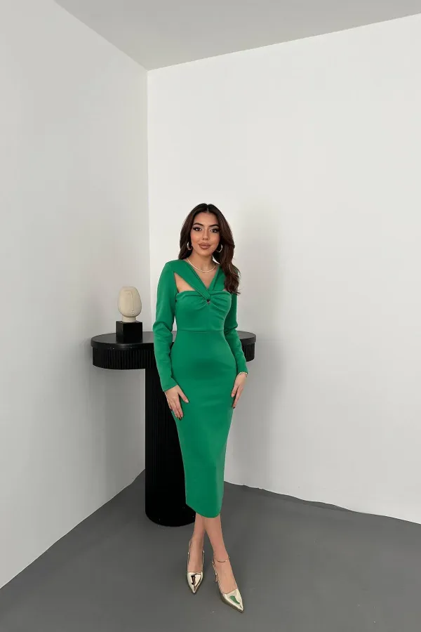 Toptan Yeşil Göğüsü Büklüm Elbise