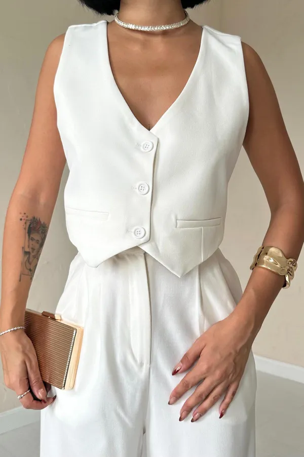 Ensemble veste, gilet et pantalon écru élégant en gros