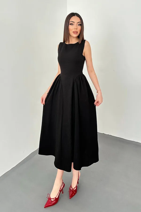 Robe mi-longue plissée noire en lin, vente en gros