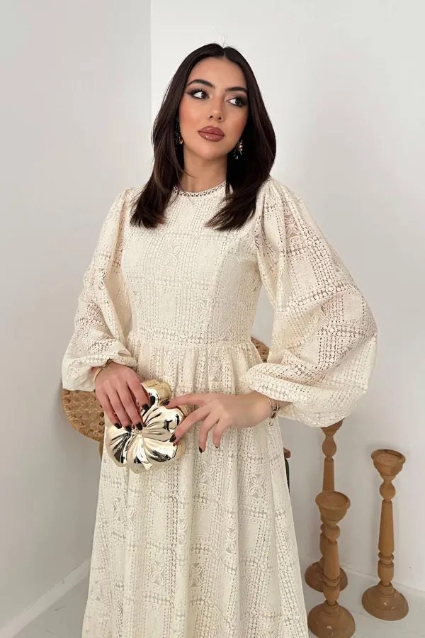 Toptan Ekru Dantelli Elbise