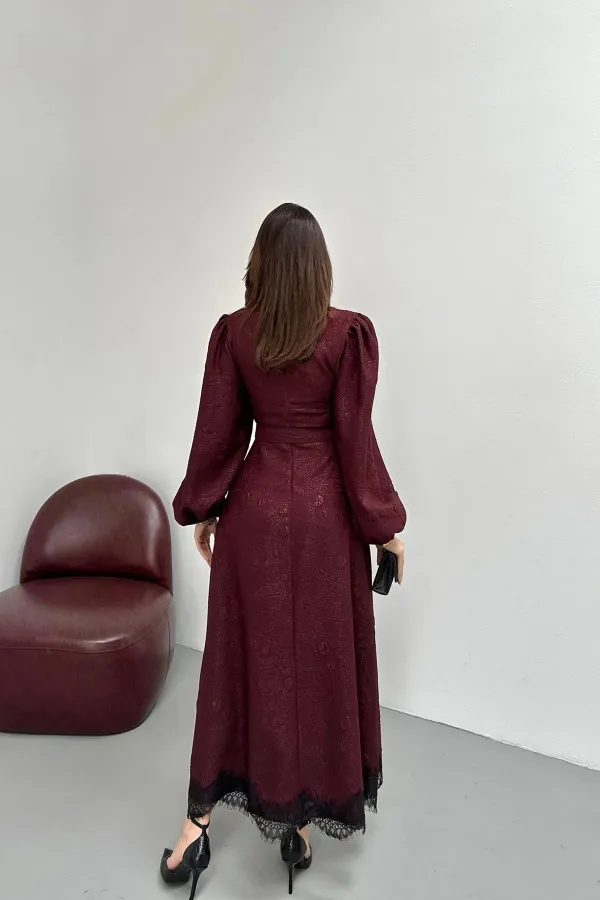 Toptan Mürdüm Kare Kabartmalı Simli Uzun Elbise