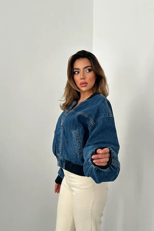 Blouson aviateur en denim bleu en gros