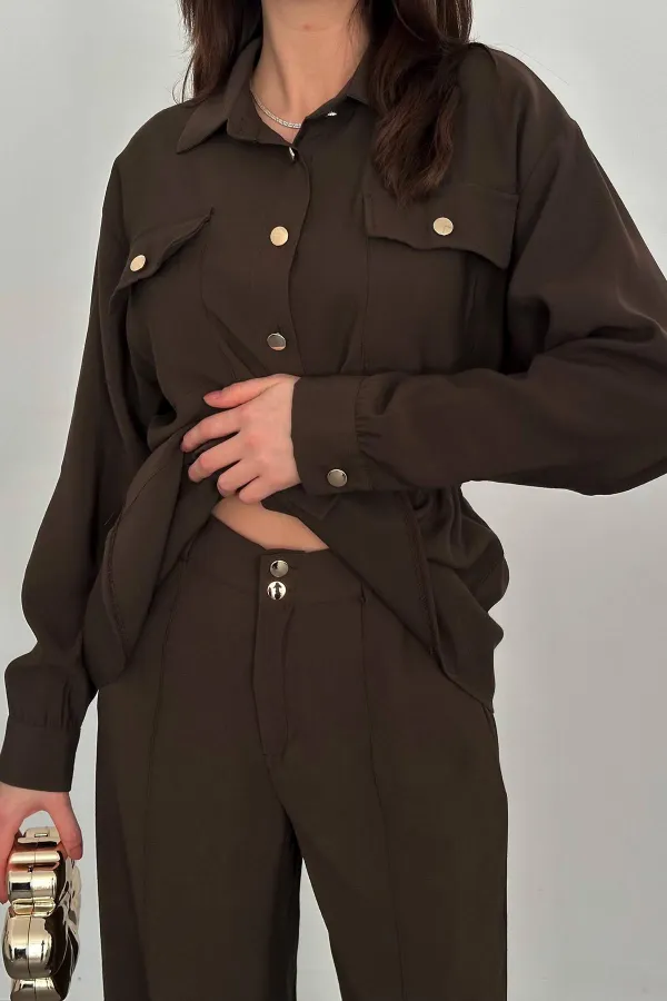 Toptan Kahverengi Düğme Detaylı Gömlek Ve Nervürlü Pantolon