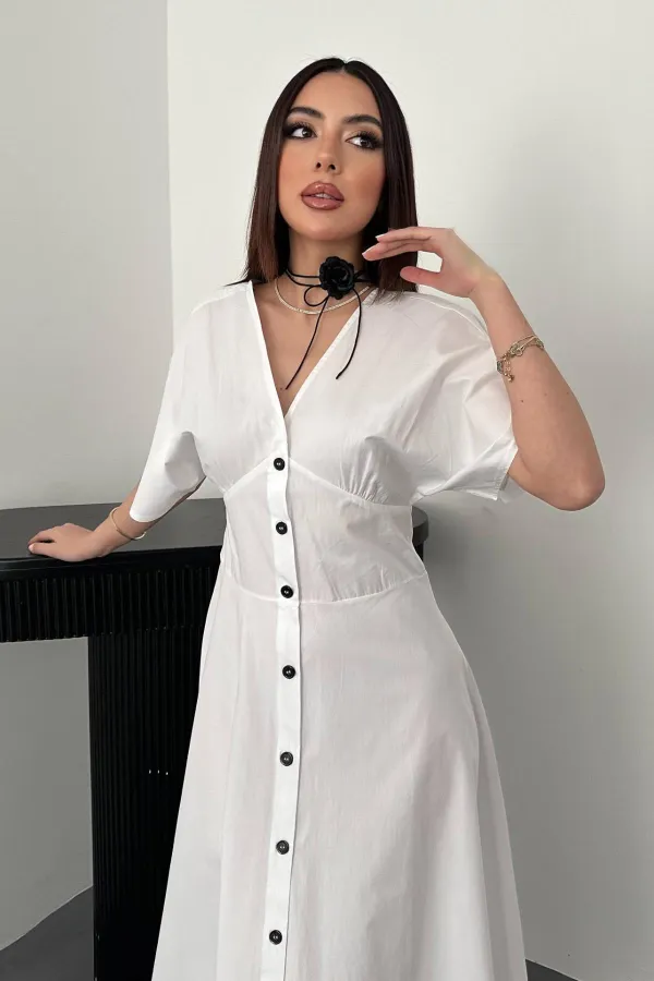 Toptan Beyaz Düğmeli Midi Boy Poplin Elbise