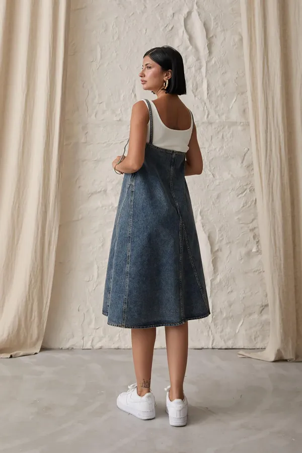 Toptan Mavi Askı Aparatlı Kot Elbise