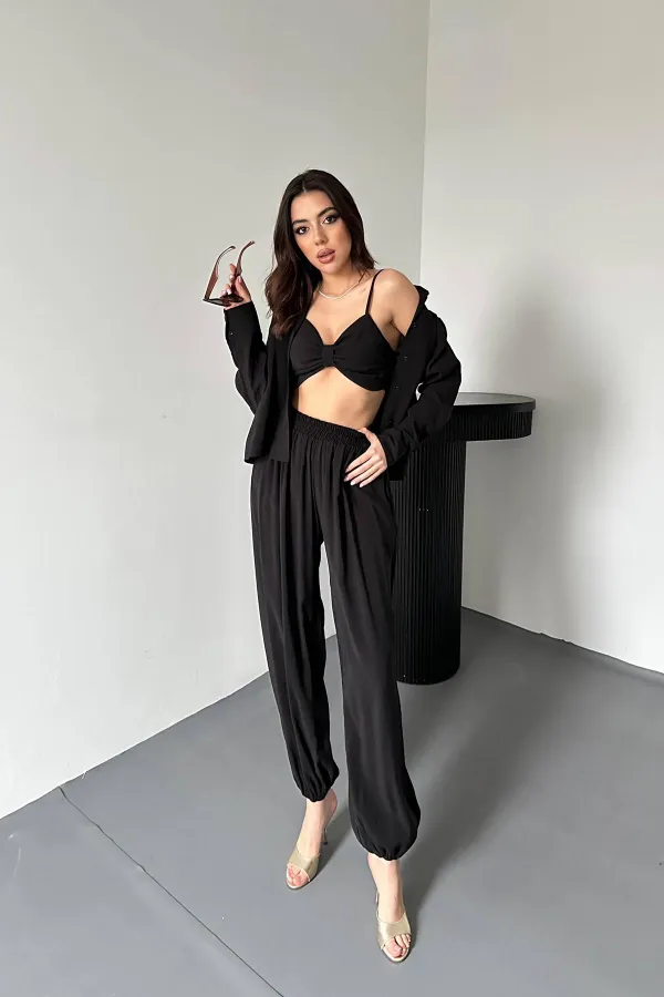 Toptan Siyah Gipe Detaylı Üçlü Takım