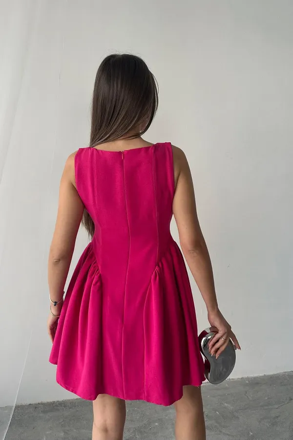 Robe mini-longue en lin froncé fuchsia en gros