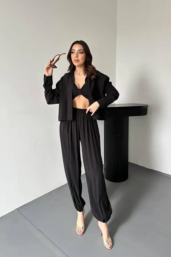 Toptan Siyah Gipe Detaylı Üçlü Takım