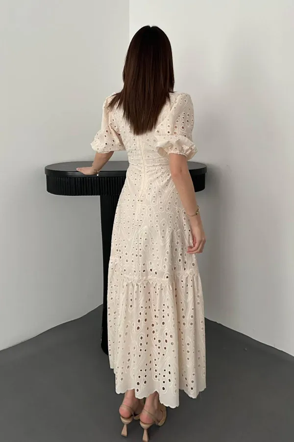 Wholesale Beige Ruffle Detailed Lace Embroidered Dress