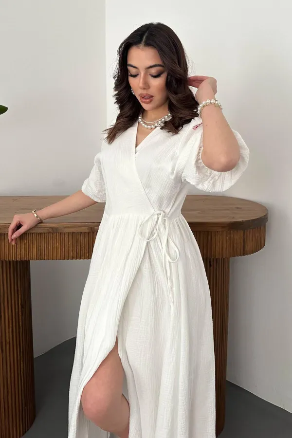 Toptan Ekru Müslin Uzun Elbise