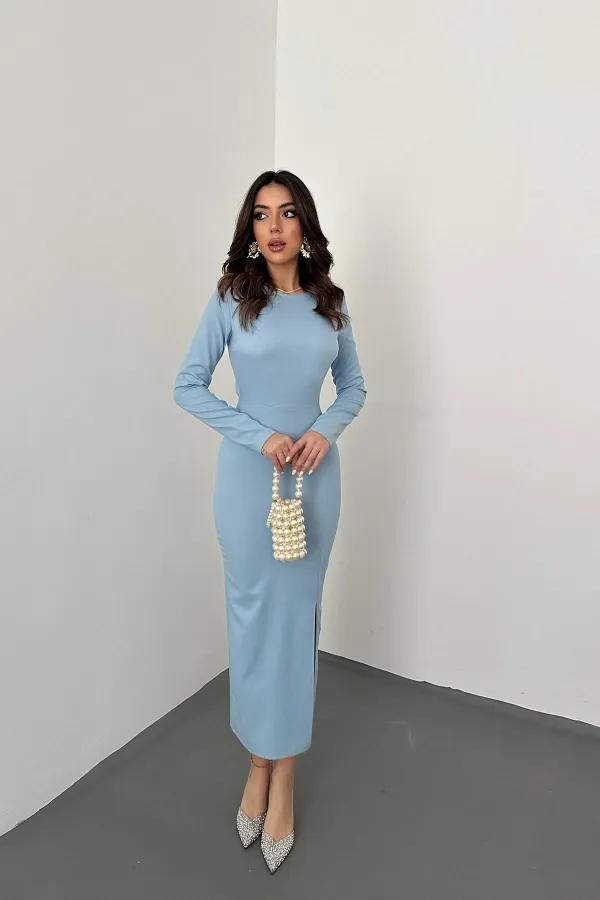 Toptan Mavi Sırt Dekolteli Elbise