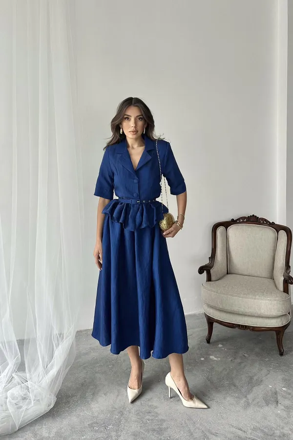 Ensemble veste à volants fine et jupe froncée bleu marine en gros