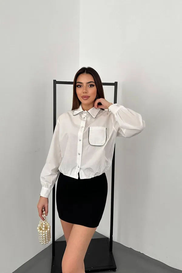 Toptan Beyaz Taşlı Poplin Gömlek