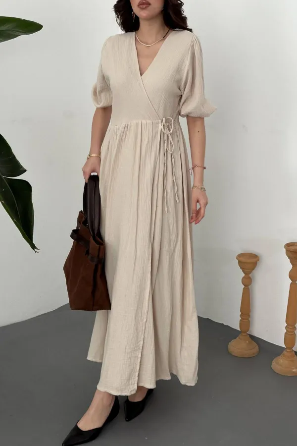 Robe longue beige en mousseline de mousseline en gros