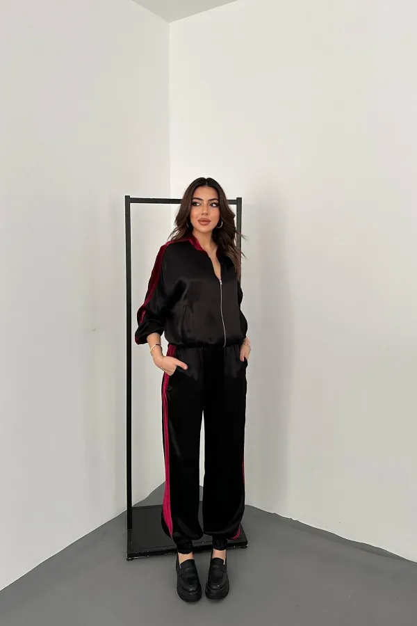 Wholesale Black Velvet Striped Satin Tracksuit