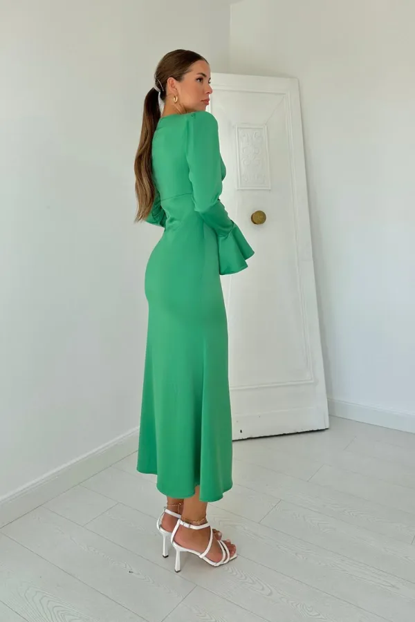 Robe en satin verte fendue et boutonnée sur le devant, vente en gros