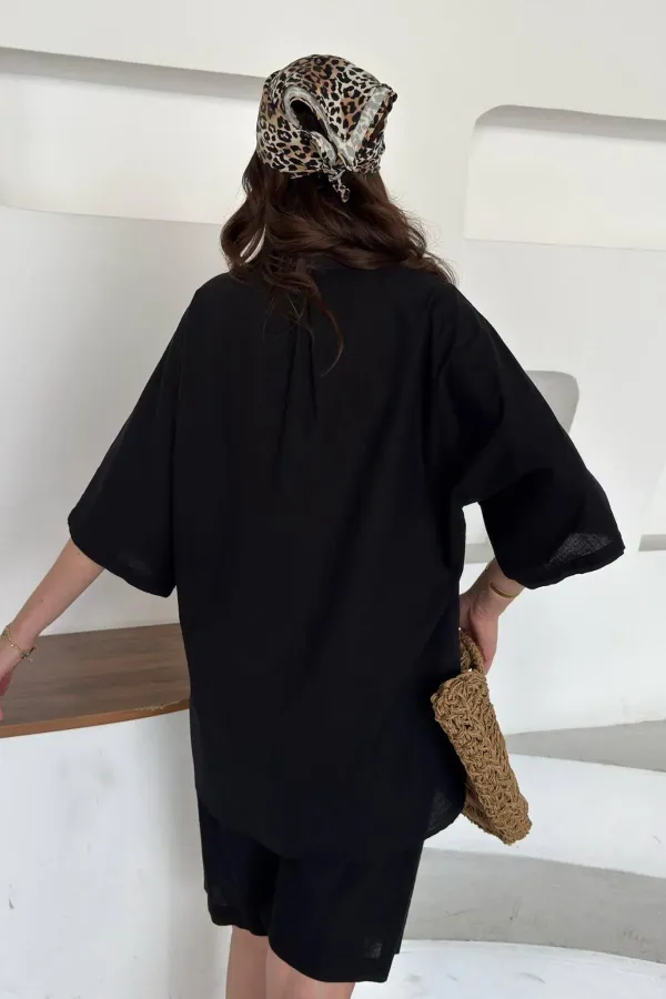 Ensemble chemise et short en lin noir à manches courtes en gros