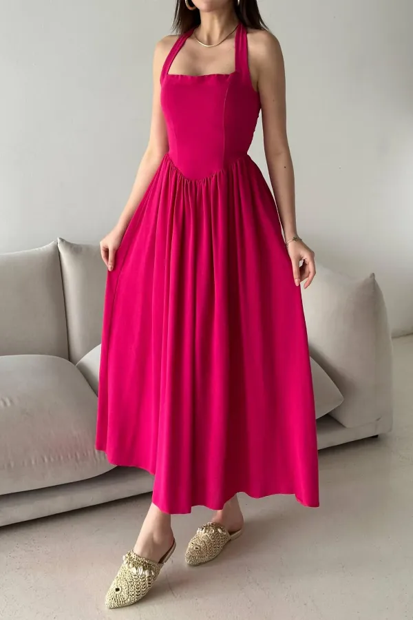 Robe en lin fuchsia à col licou en gros