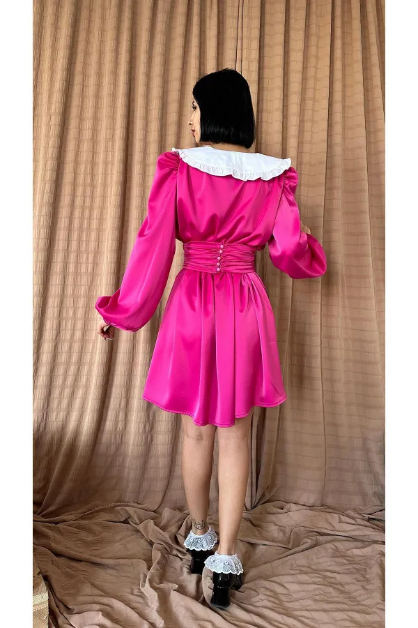 Toptan Fuşya Bebe Yakalı Elbise