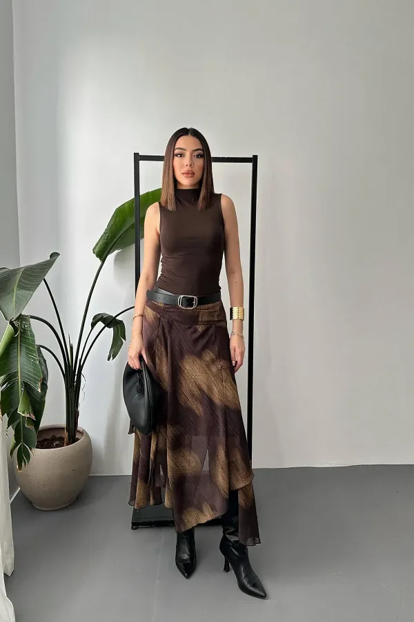 Jupe en mousseline marron froncée en gros