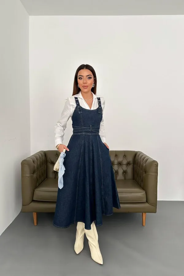 Toptan Mavi Midi Boy Bantlı Kot Elbise