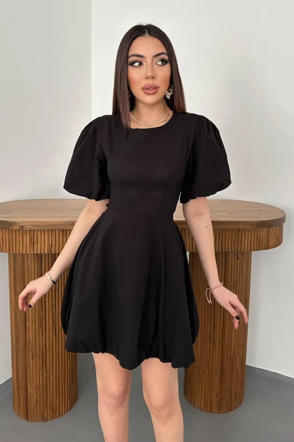 Toptan Siyah Arkadan Bağlamalı Keten Elbise