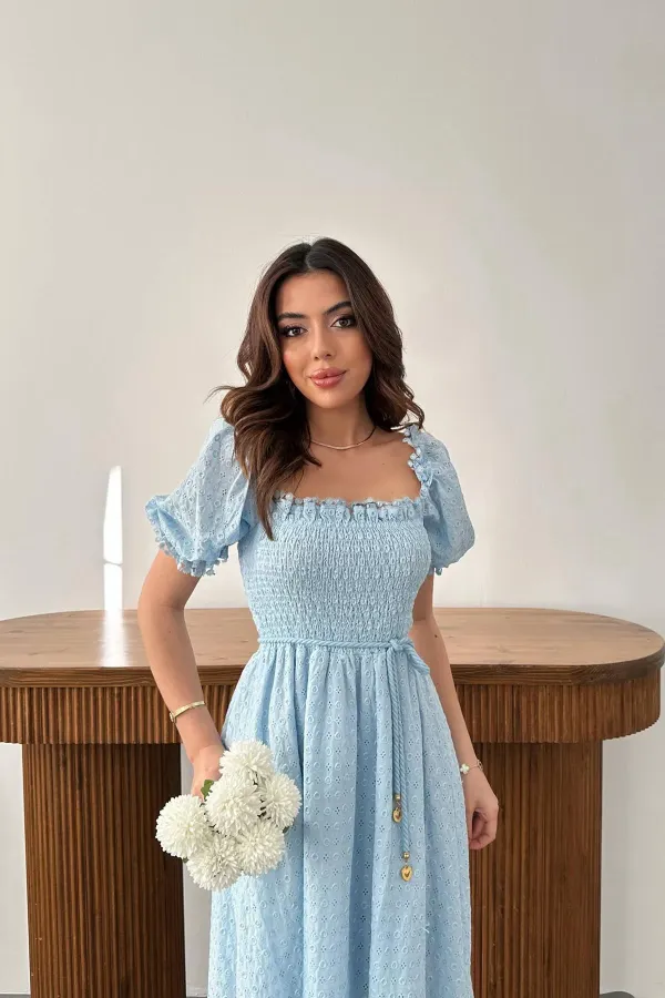 Toptan Mavi Gipeli Brode Elbise