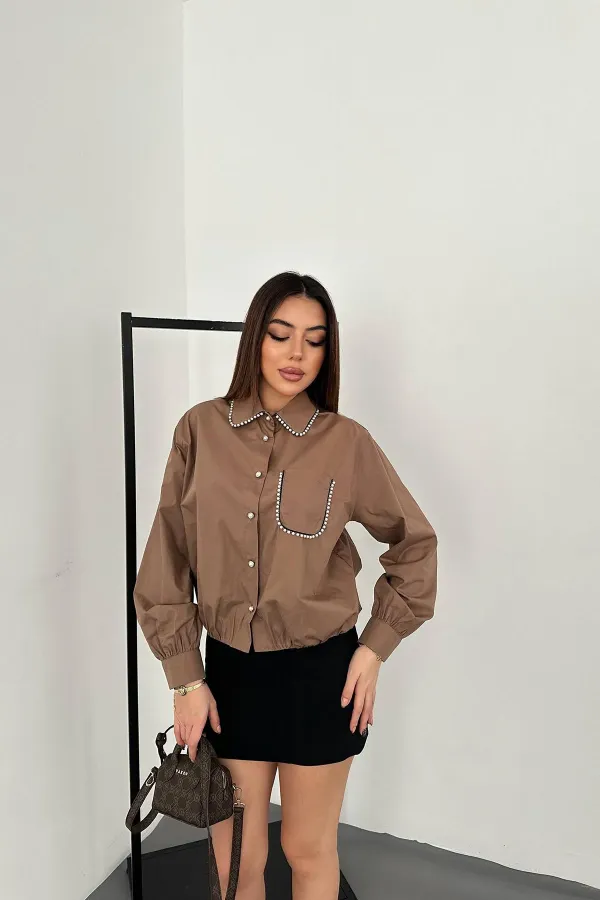 Toptan Kahverengi Taşlı Poplin Gömlek