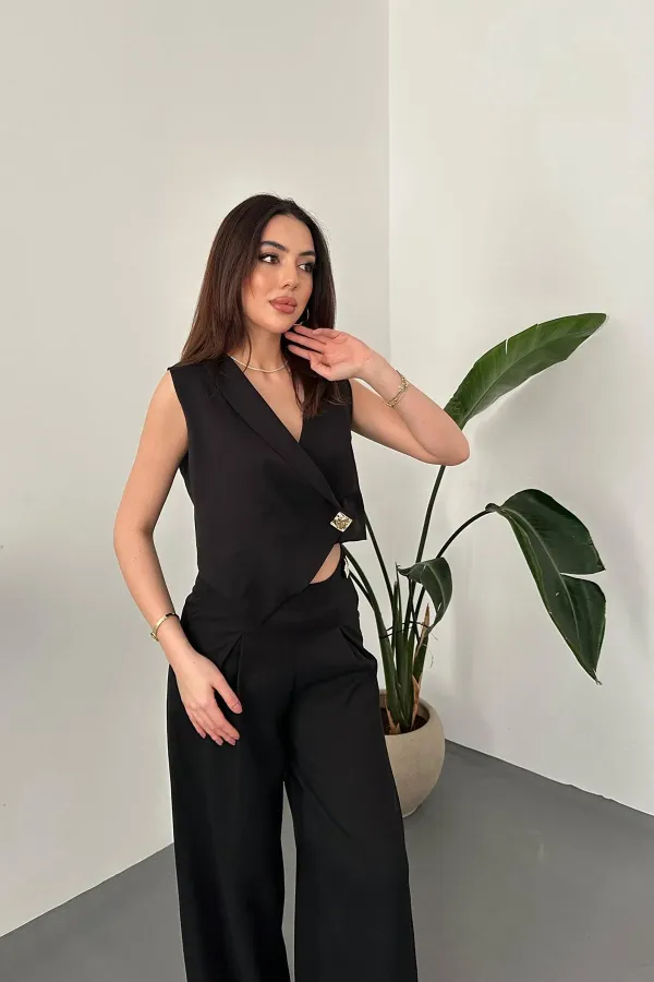 Wholesale Black Asymmetrical Vest and Pants Set
