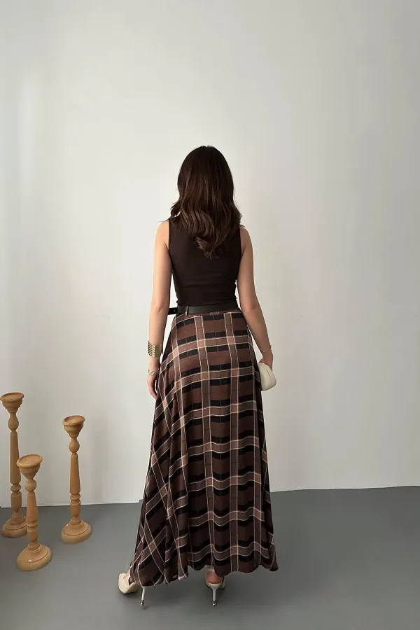 Toptan Koyu Kahve Ekoseli Etek