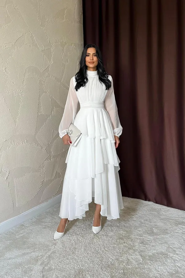 Toptan Beyaz Bel Detaylı Elbise