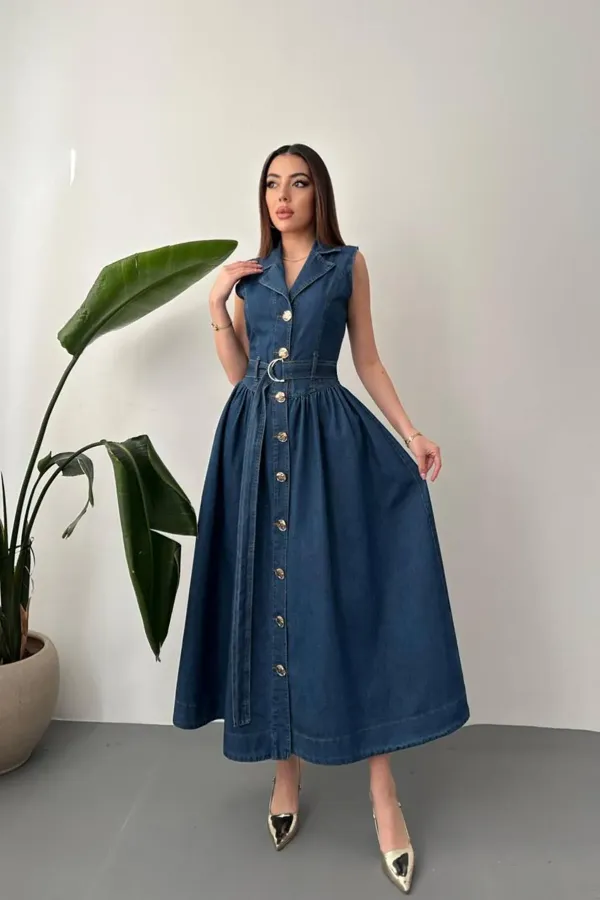 Toptan Mavi Uzun Kot Elbise