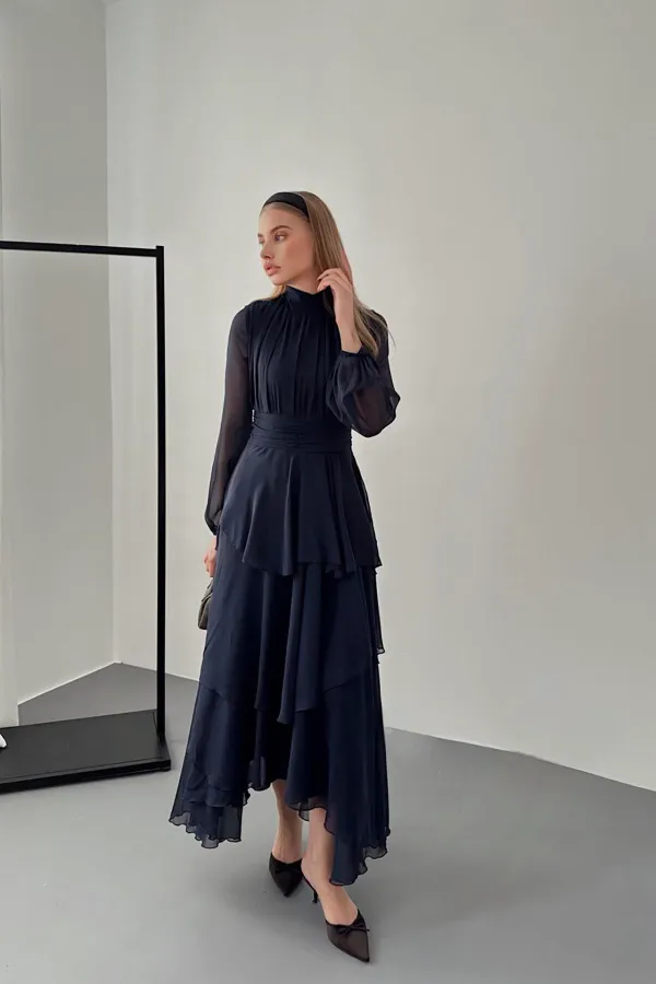 Toptan Lacivert Bel Detaylı Elbise