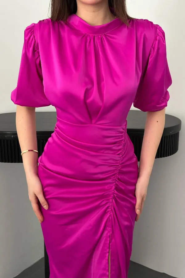 Toptan Koyu Fuşya Büzgülü Saten Elbise