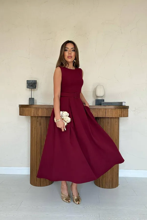 Toptan Bordo Halter Yaka Kloş Elbise