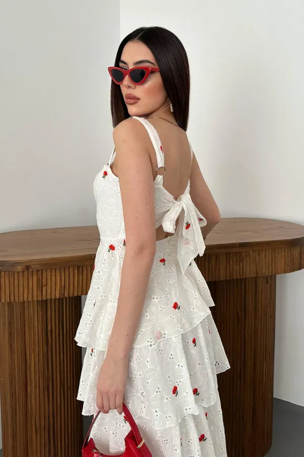 Toptan Kırmızı Kat Kat Arkası Bağlamalı Elbise