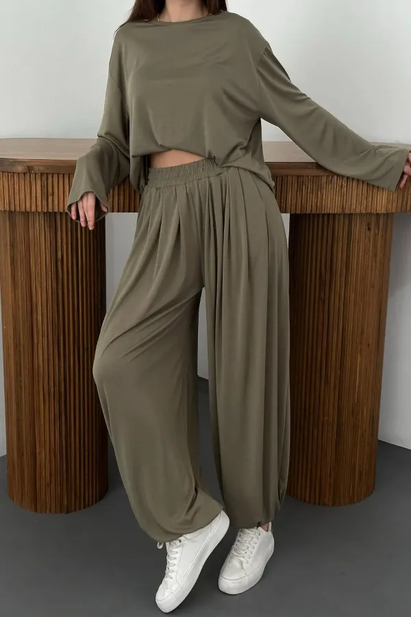 Ensemble haut et bas kaki à manches longues en gros