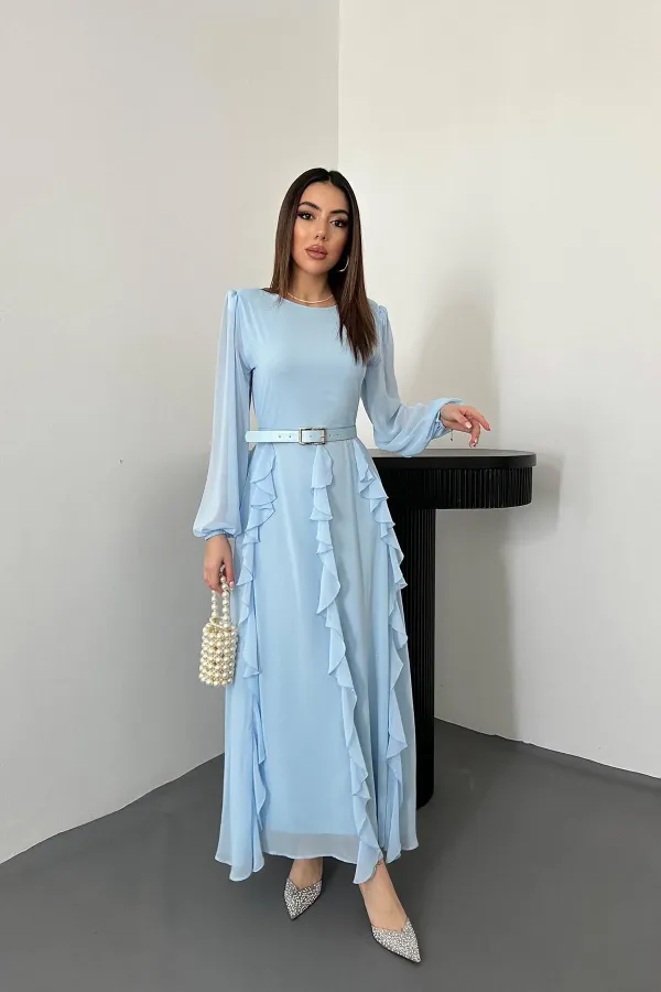 Robe en mousseline bleu ciel avec ceinture, vente en gros