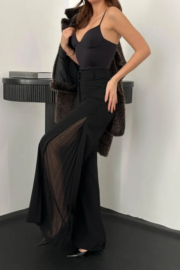 Toptan Siyah Yanları Piliseli Pantolon