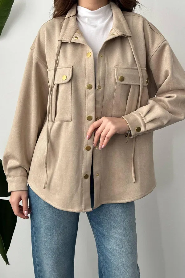 Toptan Bej Çıtçıtlı Süet Gömlek