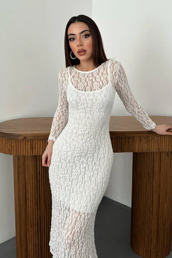 Toptan Beyaz Dantelli Uzun Kollu Elbise