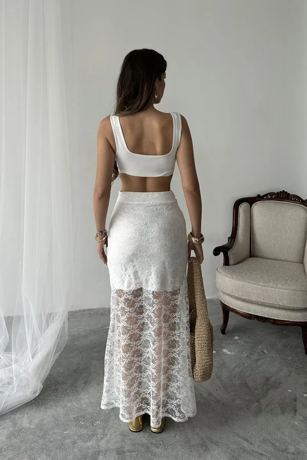 Toptan Beyaz Dantel Detaylı Etek